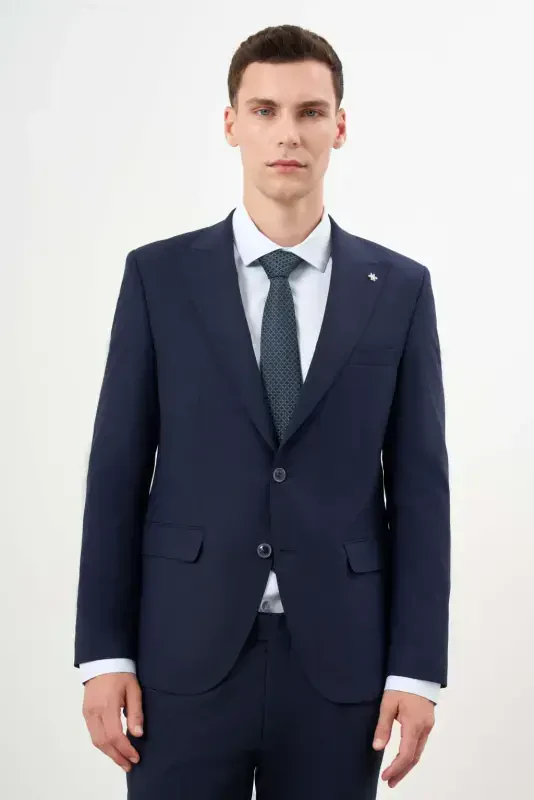 Modazone Мужской темно-синий шерстяной костюм в клетку Platinum Slim Fit с однобортным воротником - 2