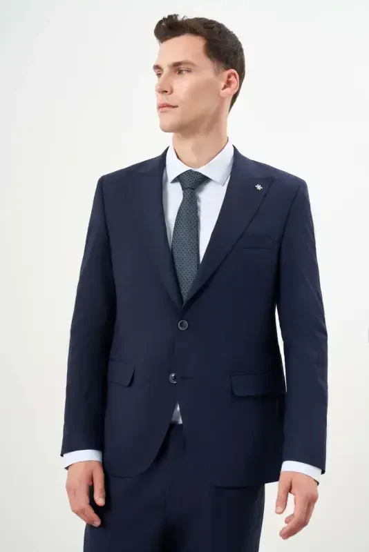 Modazone Мужской темно-синий шерстяной костюм в клетку Platinum Slim Fit с однобортным воротником - 3