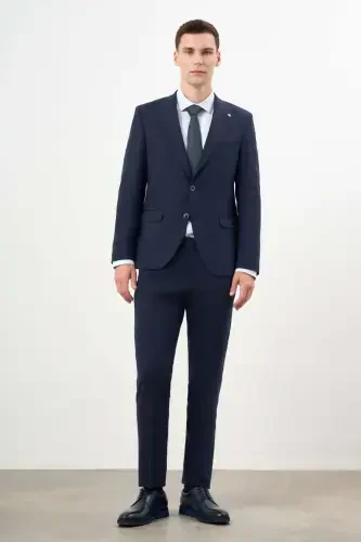 Modazone Мужской темно-синий шерстяной костюм в клетку Platinum Slim Fit с однобортным воротником - 4