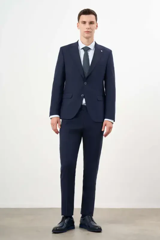 Modazone Мужской темно-синий шерстяной костюм в клетку Platinum Slim Fit с однобортным воротником - 4