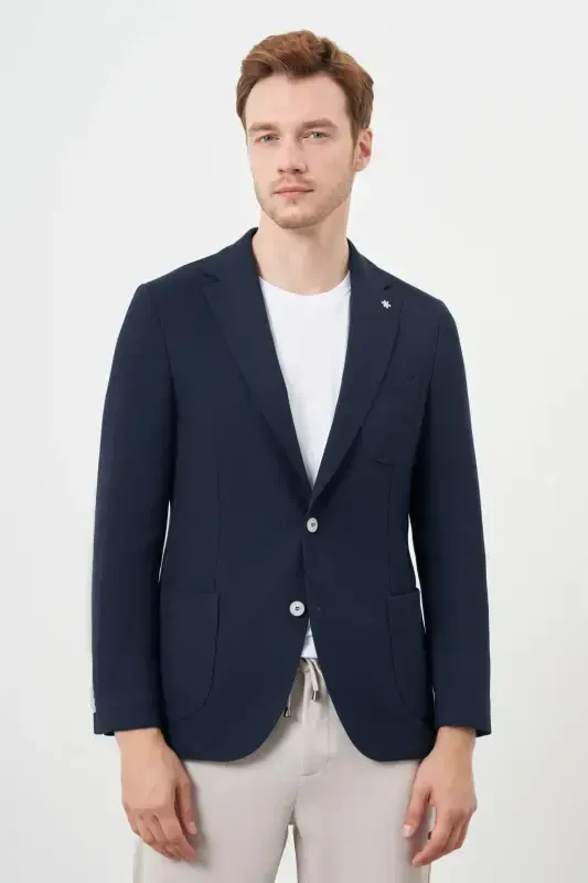 Modazone Мужской Темно-синий Тканый Slim Fit Накладной Карман Моно Воротник Спортивный Пиджак - 1
