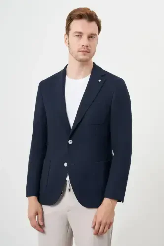 Modazone Мужской Темно-синий Тканый Slim Fit Накладной Карман Моно Воротник Спортивный Пиджак - 2