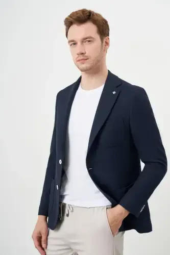 Modazone Мужской Темно-синий Тканый Slim Fit Накладной Карман Моно Воротник Спортивный Пиджак - 3
