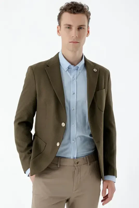 Modazone Мужской хаки Тканый Slim Fit Карман-портфель Моно Воротник Спортивная Куртка - 2