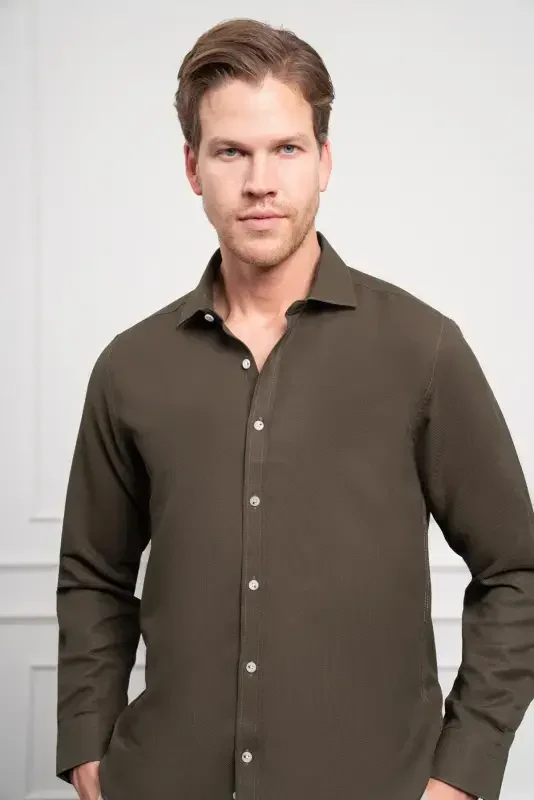 Modazone Мужской Хаки Тренд Итальянский Воротник Slim Fit Узкий Крой Рубашка - 4