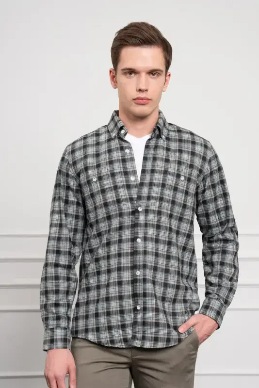 Modazone Мужской Хаки Зимняя Рубашка на Пуговицах с Воротником Классического Кроя - 1