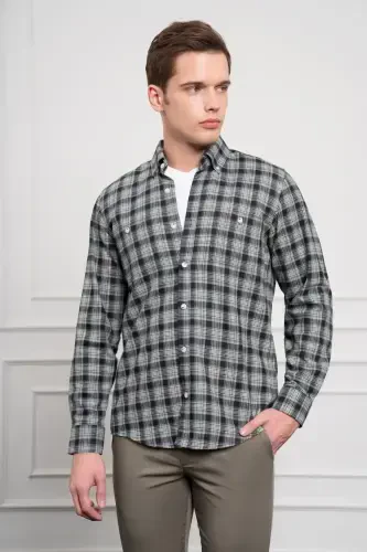 Modazone Мужской Хаки Зимняя Рубашка на Пуговицах с Воротником Классического Кроя - 3