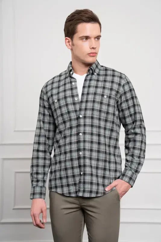 Modazone Мужской Хаки Зимняя Рубашка на Пуговицах с Воротником Классического Кроя - 3