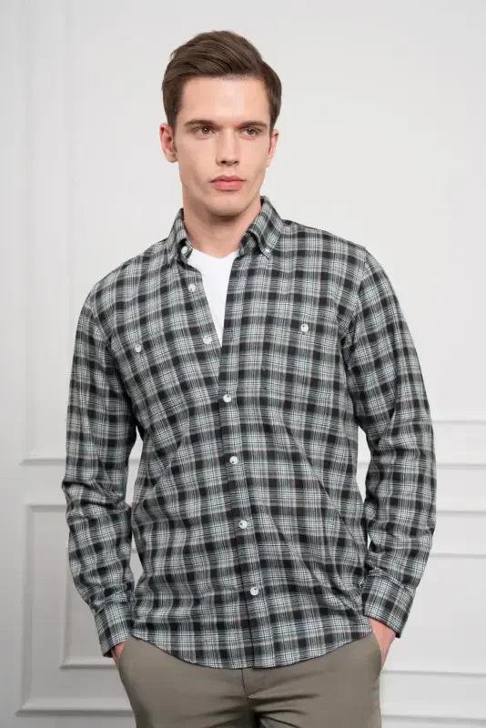 Modazone Мужской Хаки Зимняя Рубашка на Пуговицах с Воротником Классического Кроя - 5