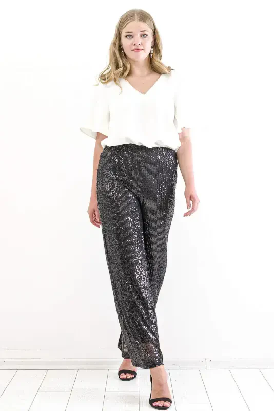 Modazone Plus Size Sequined Evening Trousers KL94Z Black - BÜYÜKBEDENIZ