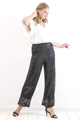 Modazone Plus Size Sequined Evening Trousers KL94Z Black - 10