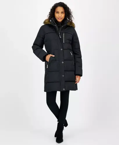 Petite Faux-Fur-Trim Hooded Puffer Coat, Created for Modazone-Black - MICHAEL KORS (1)