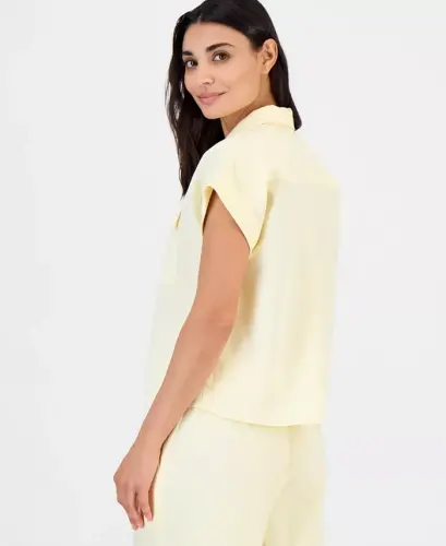 Petite Linen-Blend Short-Sleeve Button-Front Shirt, Exclusively at Modazone - Yellow Mist - 3