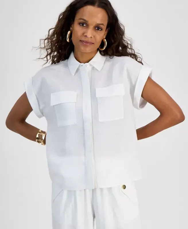 Petite Linen-Blend Short-Sleeve Button-Front Shirt, Exclusively at Modazone - Bright White - 1