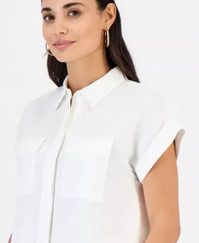 Petite Linen-Blend Short-Sleeve Button-Front Shirt, Exclusively at Modazone - Bright White - 3