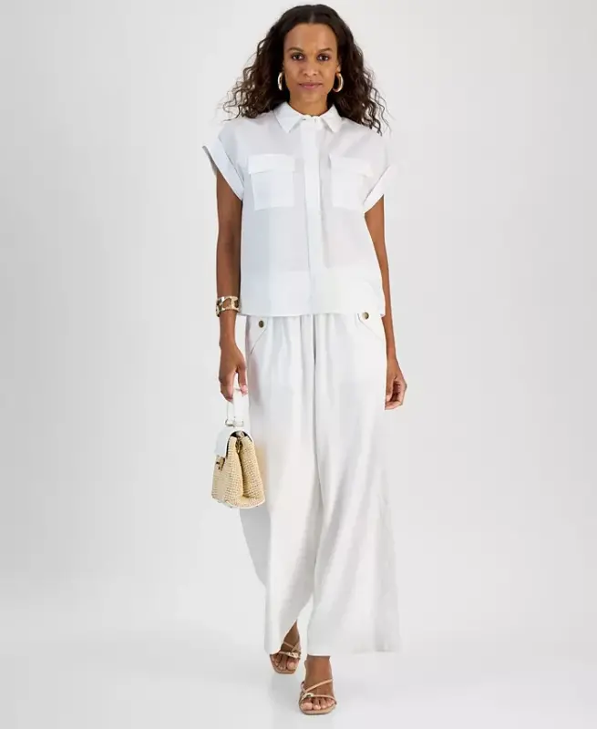 Petite Linen-Blend Short-Sleeve Button-Front Shirt, Exclusively at Modazone - 2