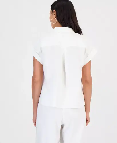 Petite Linen-Blend Short-Sleeve Button-Front Shirt, Exclusively at Modazone - 7