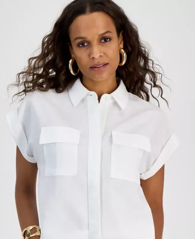 Petite Linen-Blend Short-Sleeve Button-Front Shirt, Exclusively at Modazone - 9