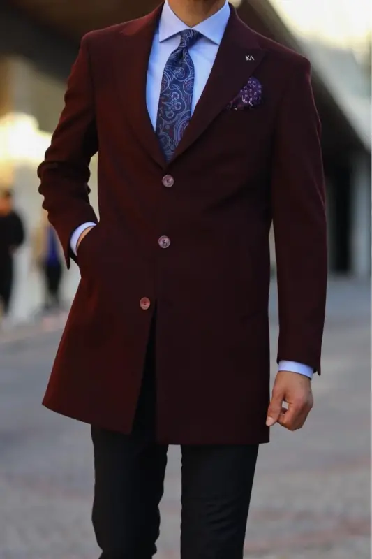 Modern Design Men's Classic Coat - 80% Wool 20% Polyester-kav7000w - Burgundy - 2