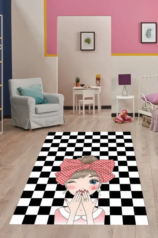 Modern Dijital Baskılı Kaymaztaban Yıkanabilir Genç Kız Odası Halısı - Siyah-Pembe - 1