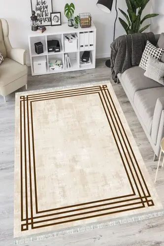 Modern Eko Punto Kaymaz Tabanlı Yıkanabilir Antibakteriyel Dijital Baskı Modern Halı Yolluk - BEJ - 3