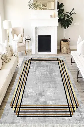 Modern Eko Punto Kaymaz Tabanlı Yıkanabilir Antibakteriyel Dijital Baskı Modern Halı Yolluk-GRİ GOLD - 1