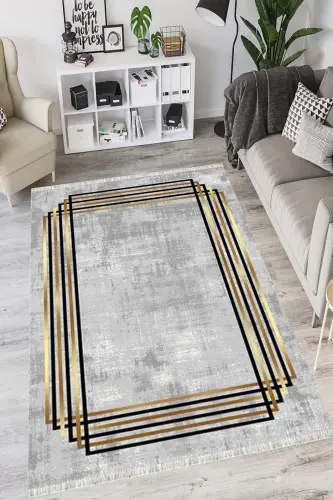 Modern Eko Punto Kaymaz Tabanlı Yıkanabilir Antibakteriyel Dijital Baskı Modern Halı Yolluk-GRİ GOLD - MOTTO HALI (1)