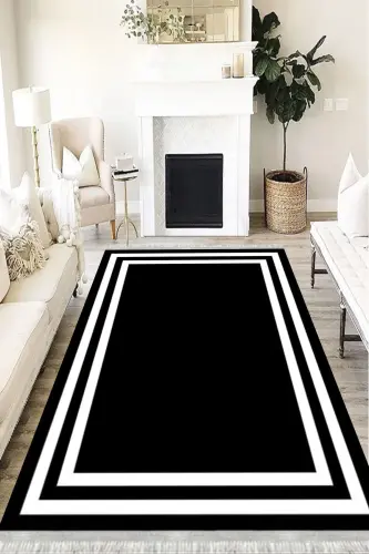 Modern Eko Punto Kaymaz Tabanlı Yıkanabilir Antibakteriyel Dijital Baskı Modern Halı Yolluk-SİYAH - 1