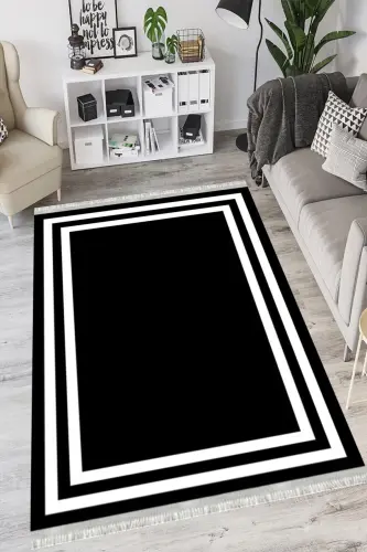 Modern Eko Punto Kaymaz Tabanlı Yıkanabilir Antibakteriyel Dijital Baskı Modern Halı Yolluk-SİYAH - MOTTO HALI (1)