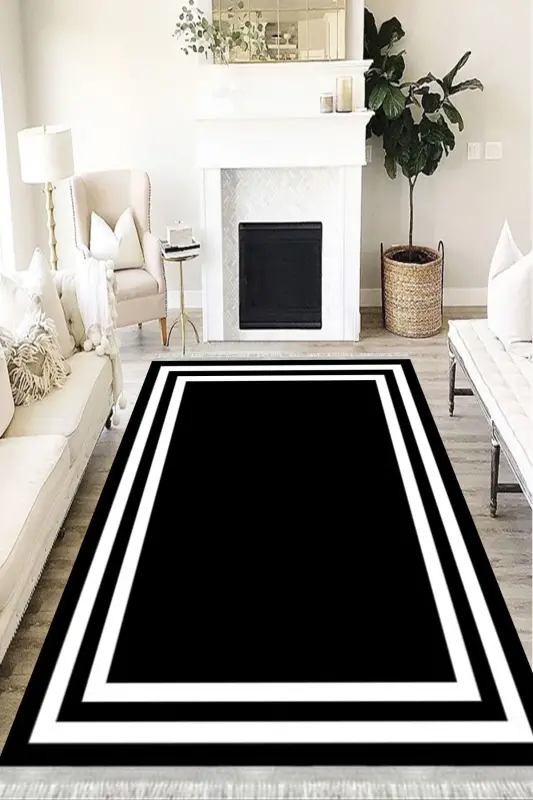 Modern Eko Punto Kaymaz Tabanlı Yıkanabilir Antibakteriyel Dijital Baskı Modern Halı Yolluk-SİYAH - 1