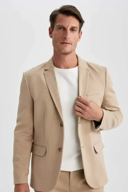 Modern Fit Ceket Yaka Düğmeli Blazer Ceket B0122AX23AU-Bej - 1