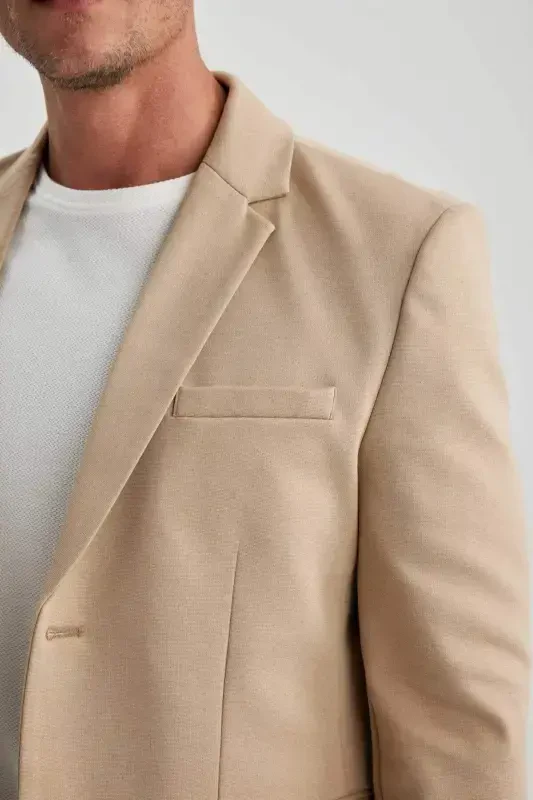 Modern Fit Ceket Yaka Düğmeli Blazer Ceket B0122AX23AU-Bej - 4