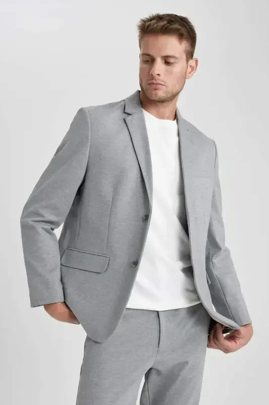 Modern Fit Ceket Yaka Düğmeli Blazer Ceket B0122AX23AU-Gri - 4
