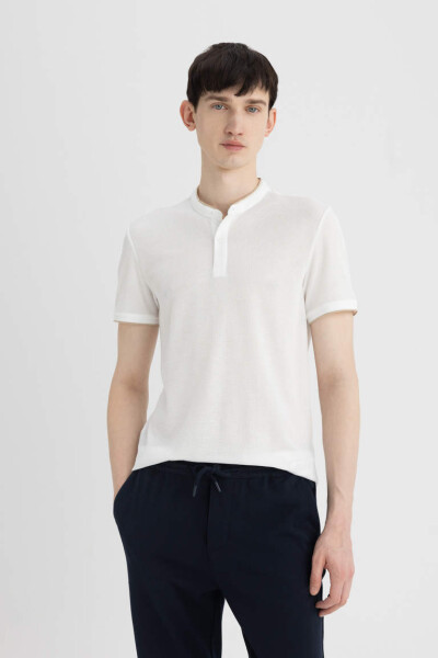 Modern Fit Collarless Short Sleeve Polo Shirt Off White - 1