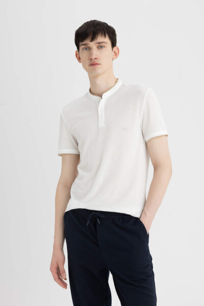 Modern Fit Collarless Short Sleeve Polo Shirt Off White - 3