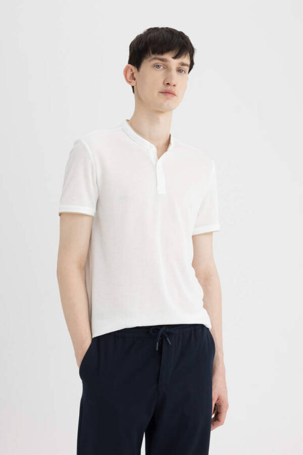 Modern Fit Collarless Short Sleeve Polo Shirt Off White - 4