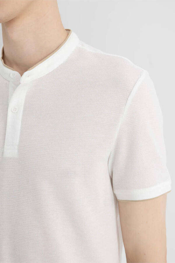 Modern Fit Collarless Short Sleeve Polo Shirt Off White - 5