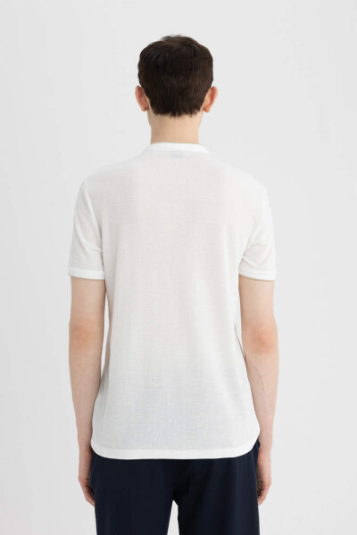 Modern Fit Collarless Short Sleeve Polo Shirt Off White - 6