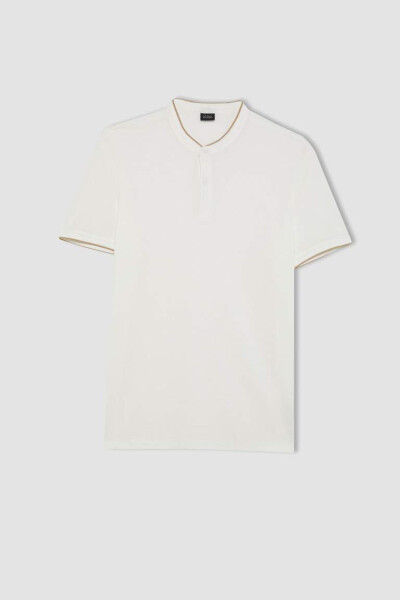 Modern Fit Collarless Short Sleeve Polo Shirt Off White - 7