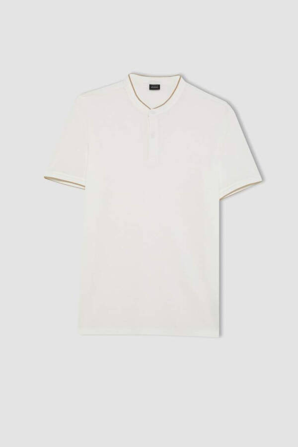 Modern Fit Collarless Short Sleeve Polo Shirt Off White - 7