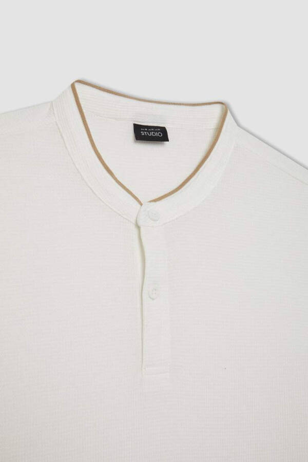 Modern Fit Collarless Short Sleeve Polo Shirt Off White - 8