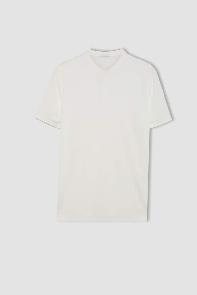 Modern Fit Collarless Short Sleeve Polo Shirt Off White - 9