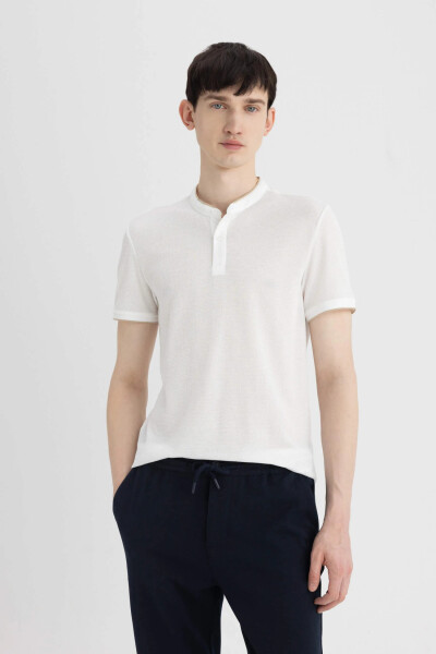 Modern Fit Collarless Short Sleeve Polo Shirt Off White - 10