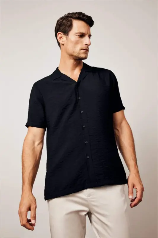 Modern Fit Polo Collar Aerobin Short Sleeve Shirt Black - 1