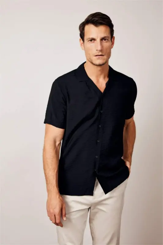 Modern Fit Polo Collar Aerobin Short Sleeve Shirt Black - 3