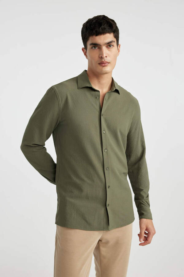 Modern Fit Polo Collar Crinkle Long Sleeve Shirt Khaki - 1