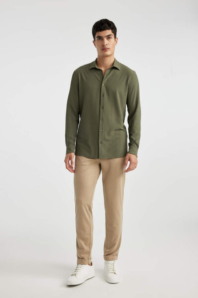 Modern Fit Polo Collar Crinkle Long Sleeve Shirt Khaki - 2