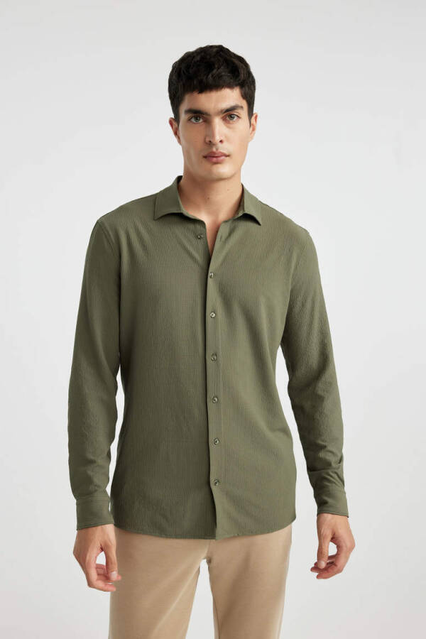 Modern Fit Polo Collar Crinkle Long Sleeve Shirt Khaki - 3