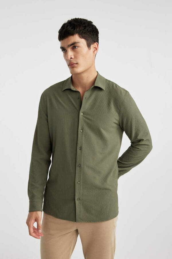 Modern Fit Polo Collar Crinkle Long Sleeve Shirt Khaki - 4