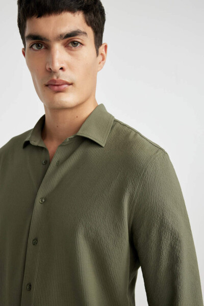 Modern Fit Polo Collar Crinkle Long Sleeve Shirt Khaki - 5